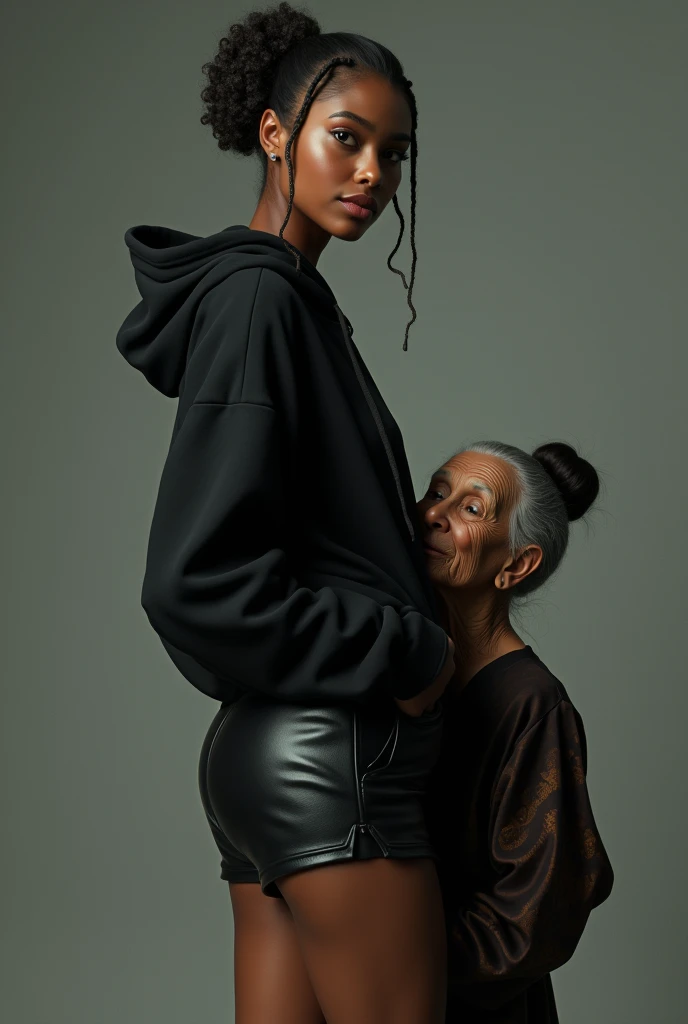 black woman hair in a bun black hoodie black leather short shorts a old grandma in a dress on her knees kissing her ass behind her