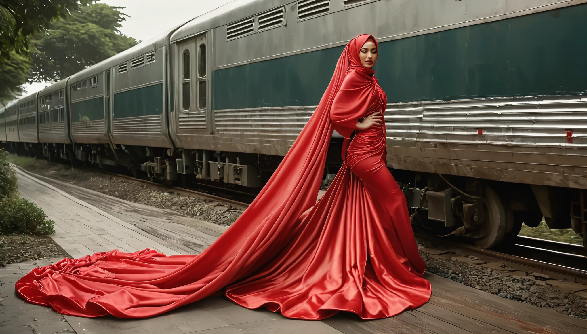 A woman shrouded in a 10-meter-long, plush red satin cloth, tightly bound and grandly draping along the form of her body, flowing off into a pooled floor-length train, styled in a mermaid-inspired outfit, her head modestly veiled in a satin hijab, tall woman, outdoor, a full-body pose conveying a sense of mysterious elegance, captured in a 4k resolution, ultra-realistic