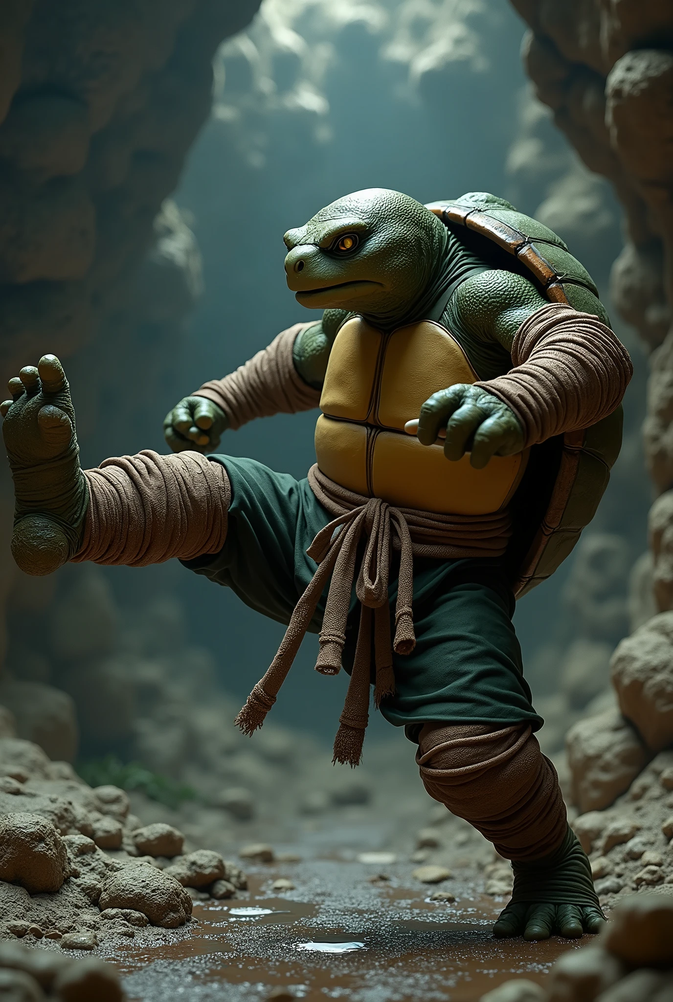 (masterpiece, photorealistic:1.4, extremely intricate:1.3), (photon mapping, radiosity, physically based rendering, ultra resolution, hyper-realistic, photorealistic:1.4, hyper-realistic, 8K), humanized tortoise, monk, his shell is green and black, his arms and legs are wrapped in brown burlap bandages, background dark damp cavern, side view, dynamic action pose karate kick