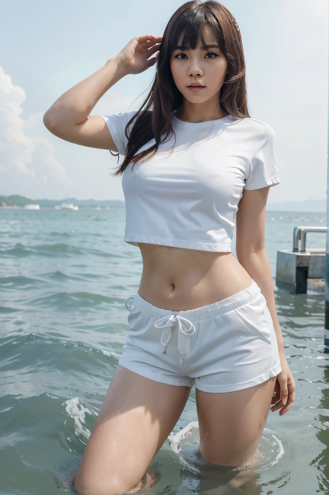 Beautiful young woman, Face thai-chinese, Bangs, See full body, In the sea, Wearing a white short-sleeved T-shirt, White drawstring stretch pants, Wear white color, see full body, 8K sharp images.