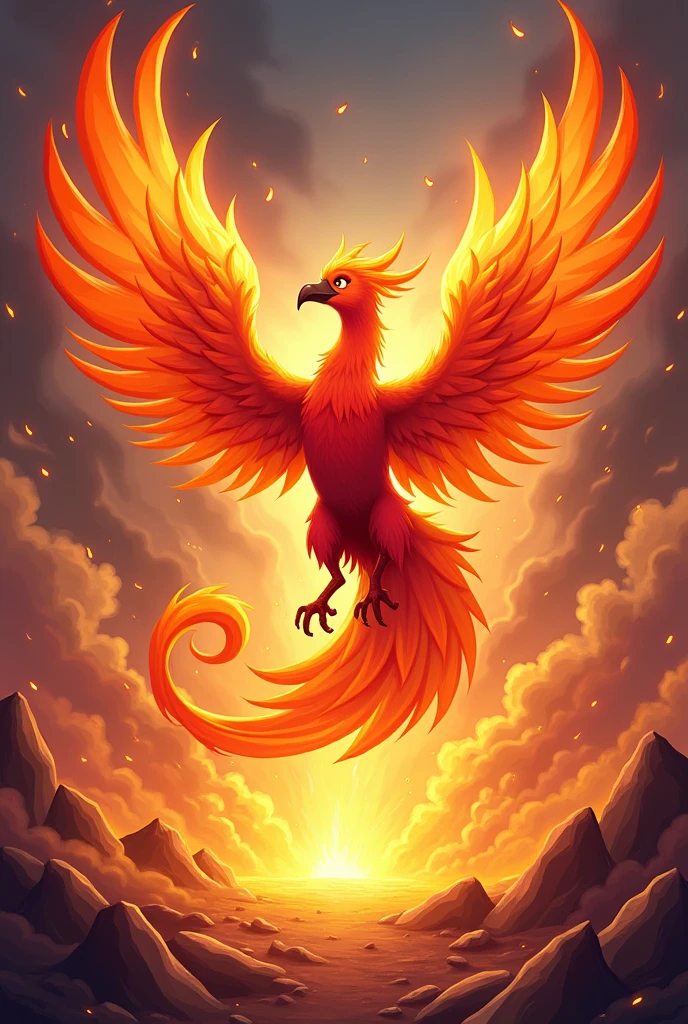 Create an image of a cartoon Phoenix with the following sentence " from the ashes I came, to triumph in the fire" with red colors , yellow and orange 