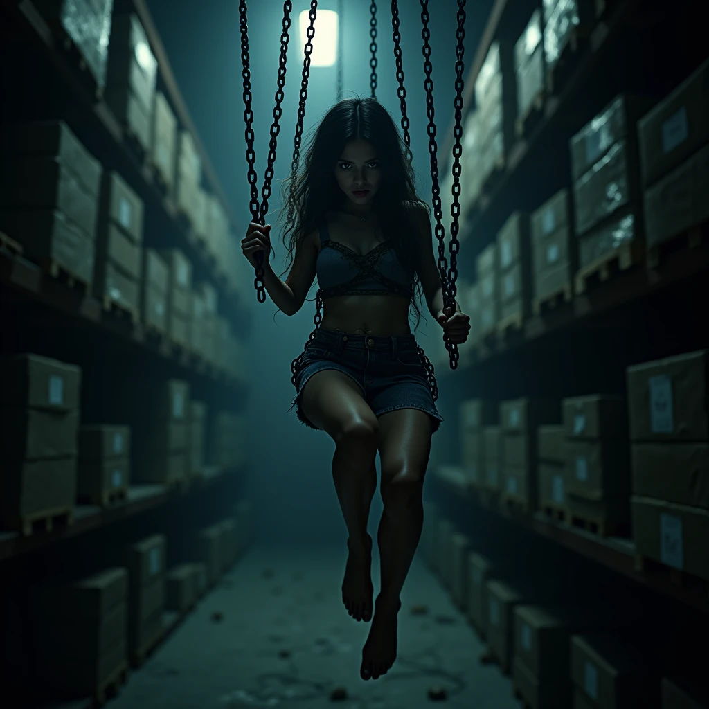 girl with multiple chains wrapped around her body, suspended in the air, warehouse at night, dark, moody, dramatic lighting, chiaroscuro, (best quality,4k,8k,highres,masterpiece:1.2),ultra-detailed,(realistic,photorealistic,photo-realistic:1.37),cinematic,gothic,dramatic pose,intricate details,strong shadows,dramatic atmosphere,captivating expression,mesmerizing,haunting,ominous,unsettling,intense,visceral,eerie,sinister