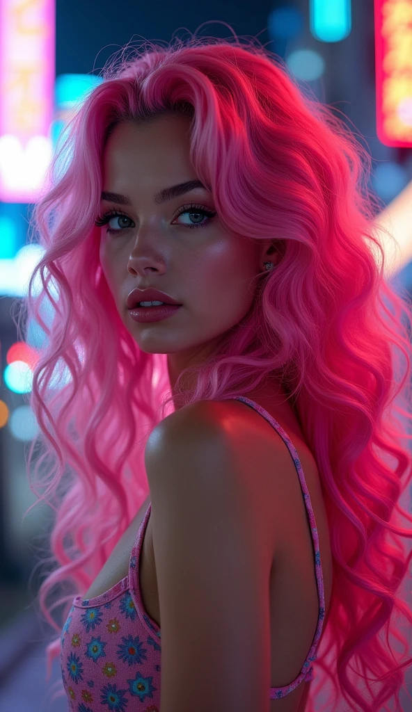 1 garota Synthwave, long pink hair curled, work of art, high qualiy, in the background a futuristic city