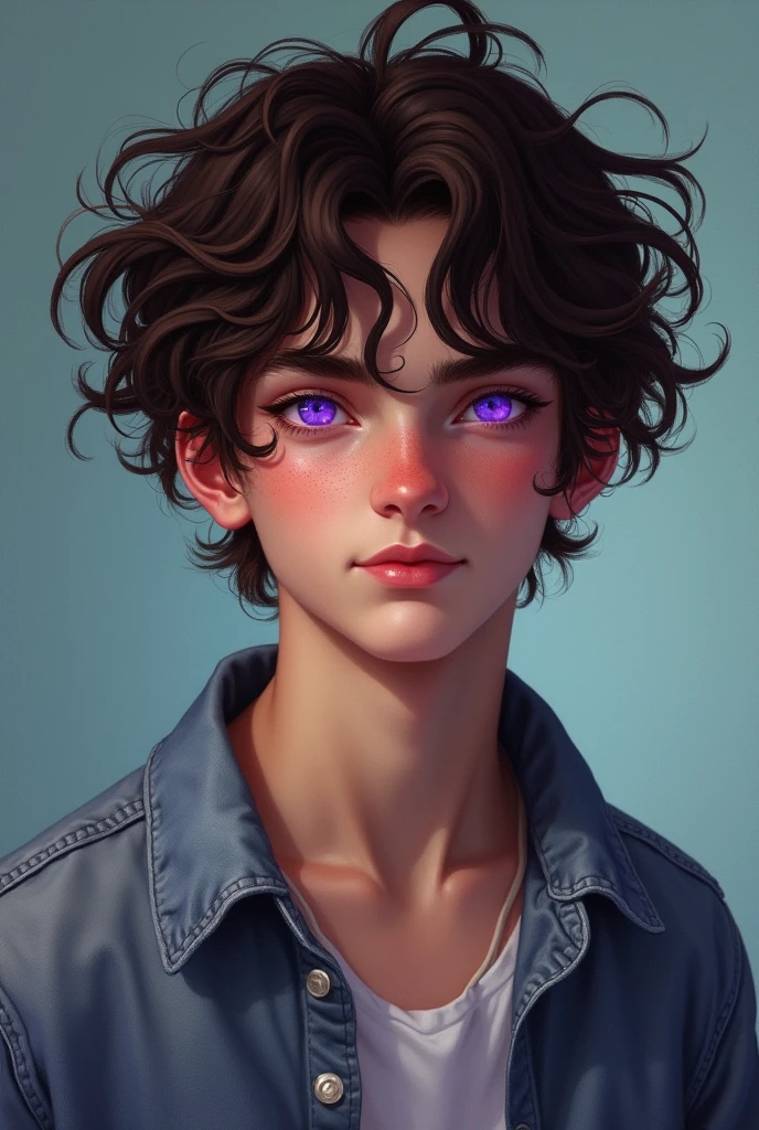 An 18 year old brown-haired boy with curly hair and purple eyes dressed in casual clothes