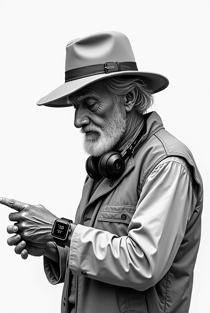 Create a black and white drawing of an old man using a smartwatch, headphones around the neck and wearing a hat