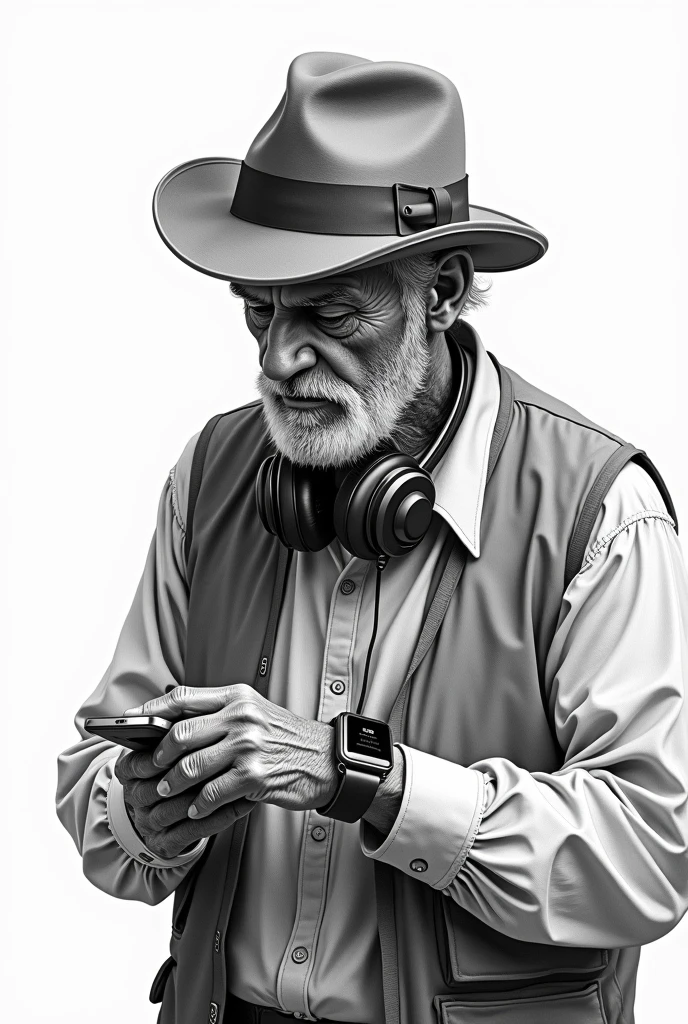 Create a black and white drawing of an old man using a smartwatch, headphones around the neck and wearing a hat
