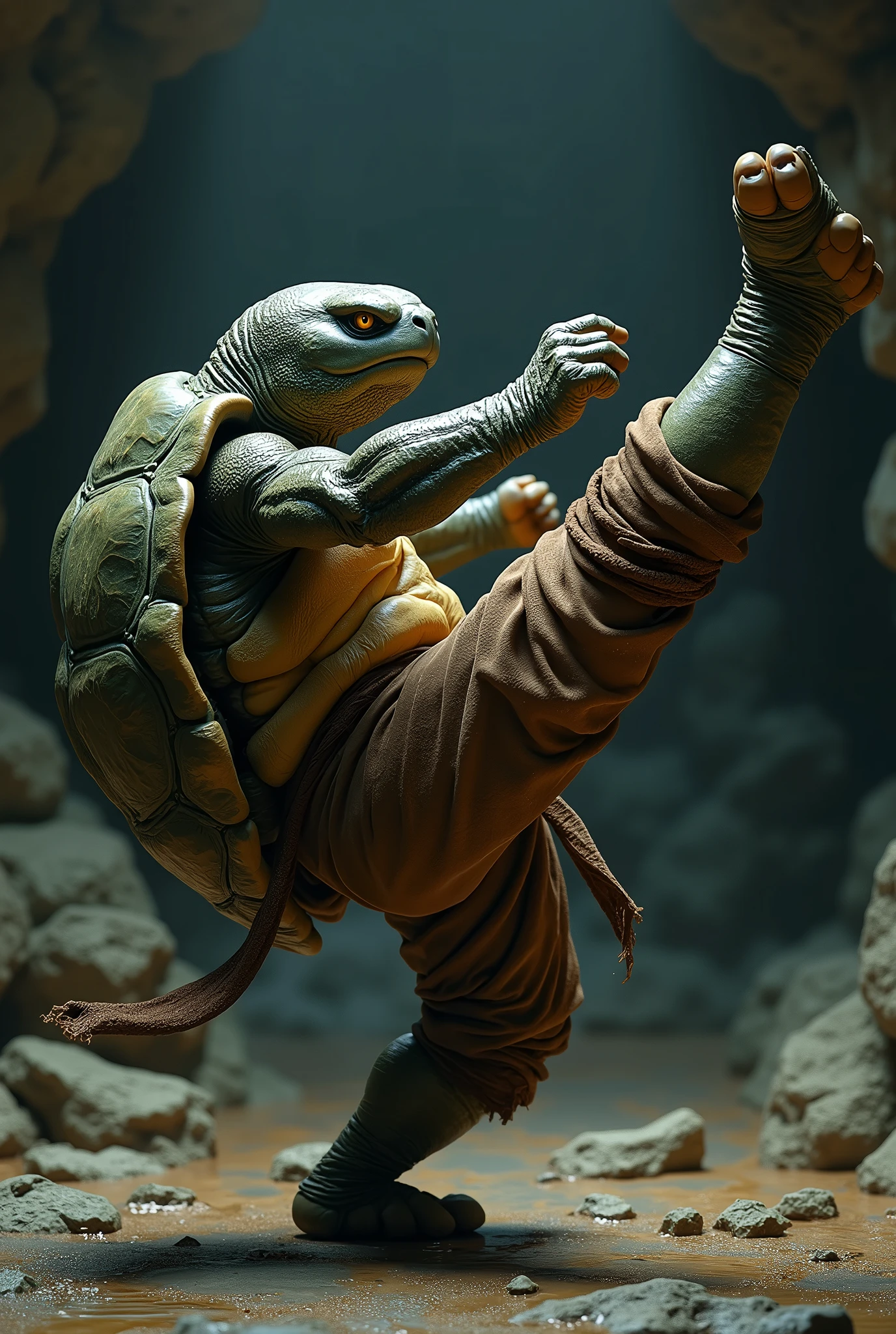 (masterpiece, photorealistic:1.4, extremely intricate:1.3), (photon mapping, radiosity, physically based rendering, ultra resolution, hyper-realistic, photorealistic:1.4, hyper-realistic, 8K), humanized tortoise, monk, his shell is green and black, his arms and legs are wrapped in brown burlap bandages, background dark damp cavern, side view, dynamic action pose karate kick