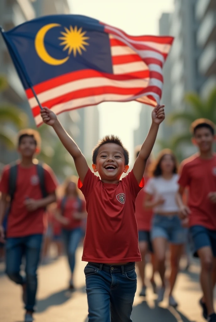 a young boy 5 year old . Smile . holding 1 big miniature malaysia flags((perfect malaysia flag"), tilf shift photography, all people running quickly, one person standing still in the center, detailed faces, highly detailed, 8k, photorealistic, vibrant colors, dramatic lighting, cinematic composition