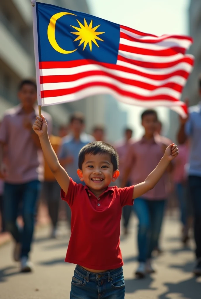 a young boy 5 year old . Smile . holding 1 big miniature malaysia flags((perfect malaysia flag"), tilf shift photography, all people running quickly, one person standing still in the center, detailed faces, highly detailed, 8k, photorealistic, vibrant colors, dramatic lighting, cinematic composition