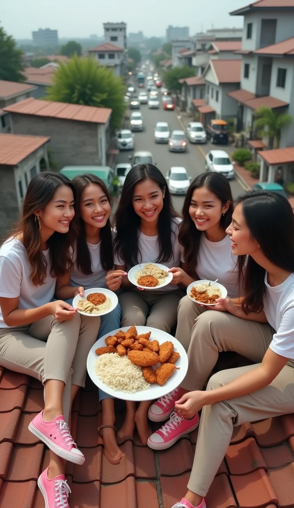 5 Beautiful Indonesian women, slightly fat body, white skin, long wavy hair, sharp nose, wearing a t-shirt, long trousers, wearing pink sneakers, all face facing the camera, sitting on the roof tiles of the house, while eating a large plate of chicken side dish rice fried, lots of vehicles, minimal defects, very detailed, realistic