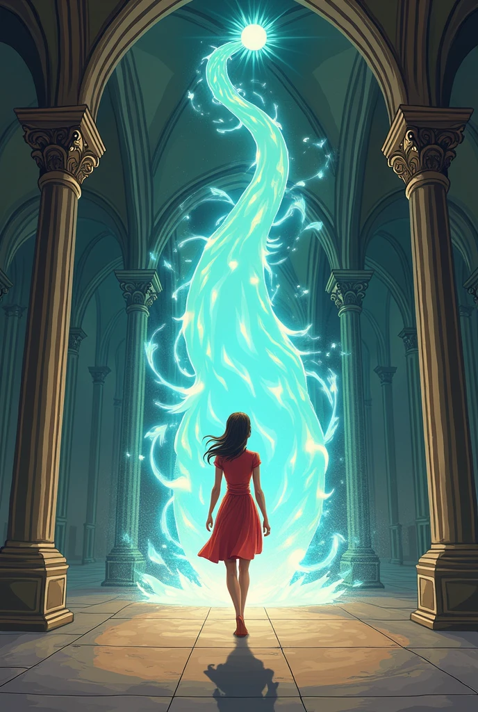 Woman walking inside Cluny Abbey but disappearing as if going through a portal with a flash of light cartoon