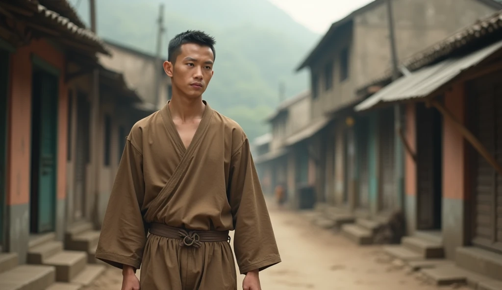 In 1930s, A short hair handsome and moral young man of Asian descent, dressed in the brown clothes of the Hoa Hao Buddhists of South Vietnam without button in the middle but put on over to the left side like to button, without a collar, featuring long sleeves, a plain design, and made from a lightweight and cheap material, walking leisurely and with grace through a town stricken by poverty and hardship, set in the 1930s. Wide angle view from street level."
