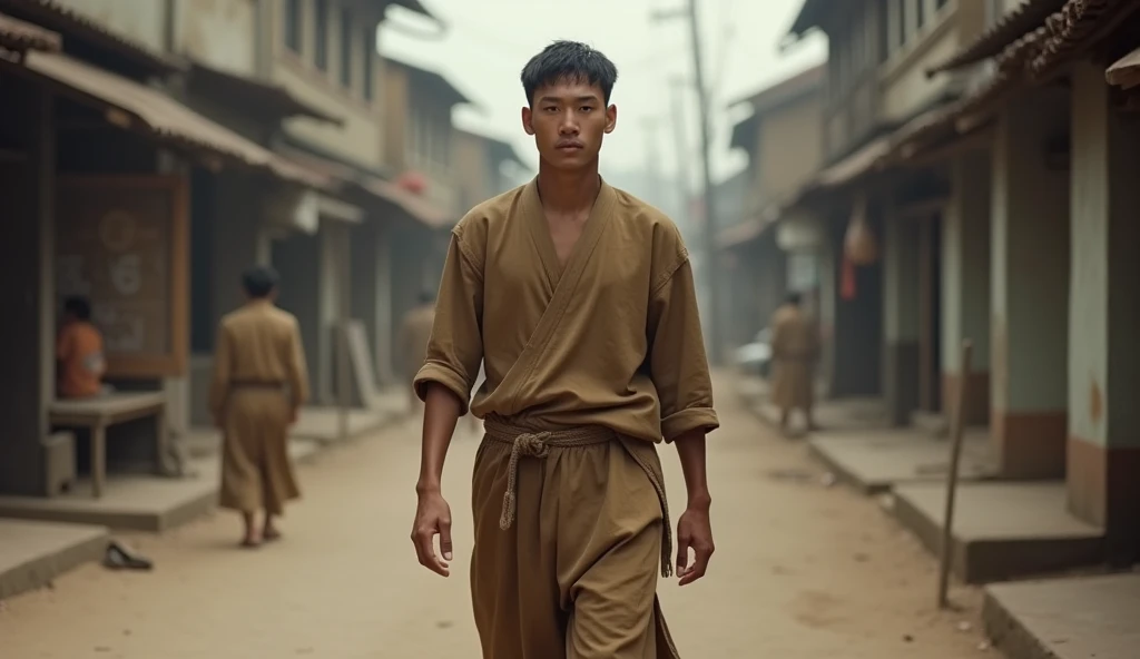 In 1930s, A short hair handsome and moral young man of Asian descent, dressed in the brown clothes of the Hoa Hao Buddhists of South Vietnam without button in the middle but put on over to the left side like to button, without a collar, featuring long sleeves, a plain design, and made from a lightweight and cheap material, walking leisurely and with grace through a town stricken by poverty and hardship, set in the 1930s. Wide angle view from street level."