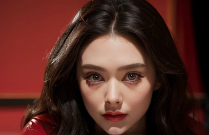 Extremely detailed photo of a woman, Lola Elizabeth, Scarlet Witch, the Avengers, Wearing a black lace dress, Open red leather jacket, 8K Ultra HD, Original Photography, Model photo