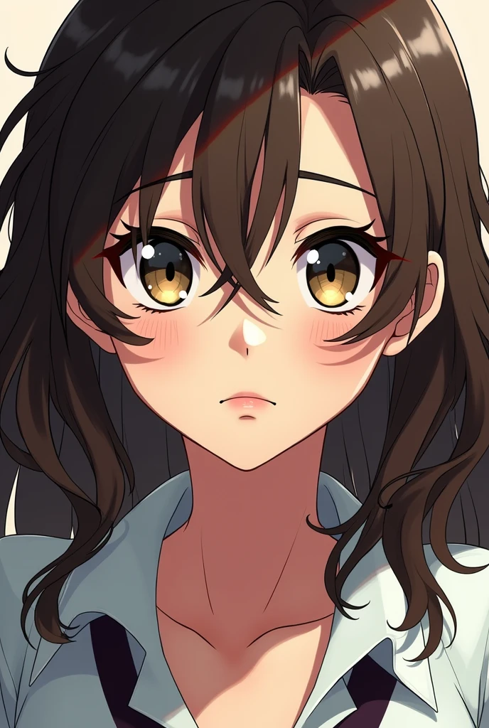 Boku no hero style anime woman with wavy dark brown hair with blonde highlights, blonde