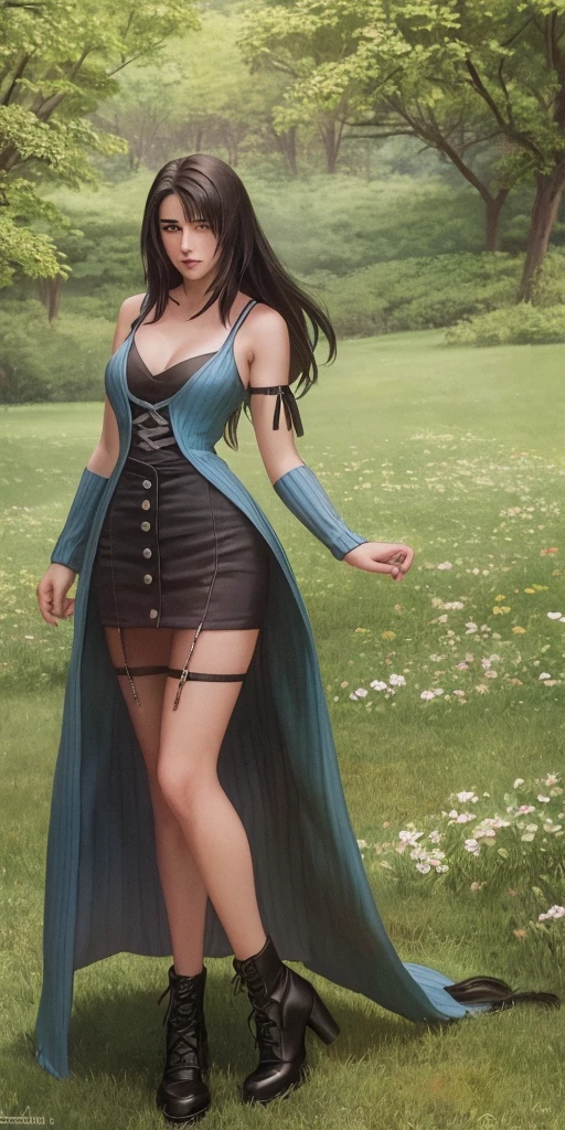 ((ultra detailed, masterpiece, best quality)) FF8Rinoa, 1girl, solo, single braid, blue eyes, black hair, white hairband, black choker, medium Breasts hanging, black corset strapless sexy, white sexy miniskirt, sexy long legs, black platform high heels wedges, full body shot