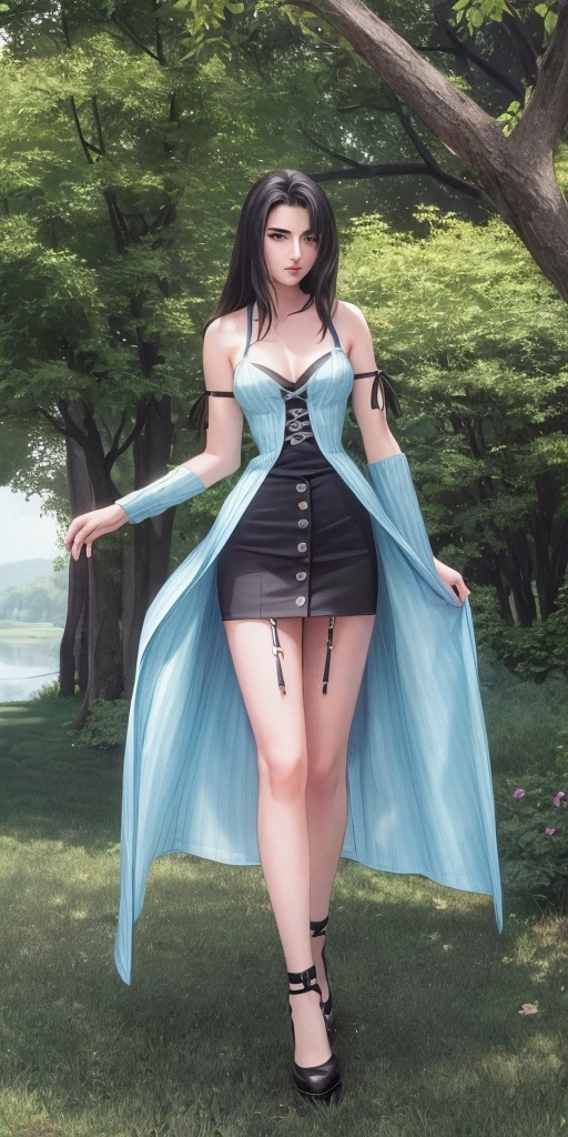 ((ultra detailed, masterpiece, best quality)) FF8Rinoa, 1girl, solo, single braid, blue eyes, black hair, white hairband, black choker, medium Breasts hanging, black corset strapless sexy, white sexy miniskirt, sexy long legs, black platform high heels wedges, full body shot