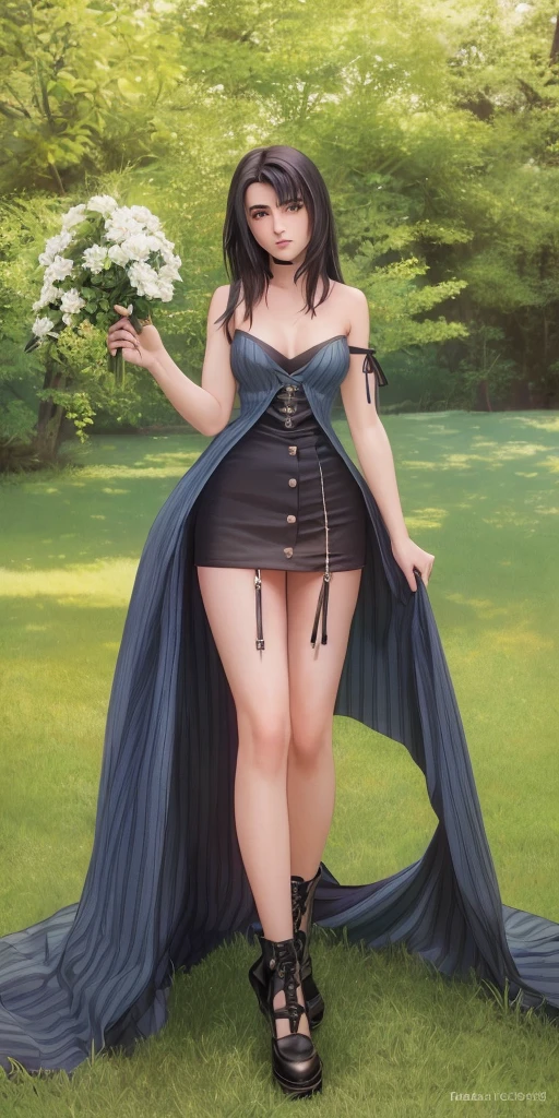 ((ultra detailed, masterpiece, best quality)) FF8Rinoa, 1girl, solo, single braid, blue eyes, black hair, white hairband, black choker, medium Breasts hanging, black corset strapless sexy, white sexy miniskirt, sexy long legs, black platform high heels wedges, full body shot