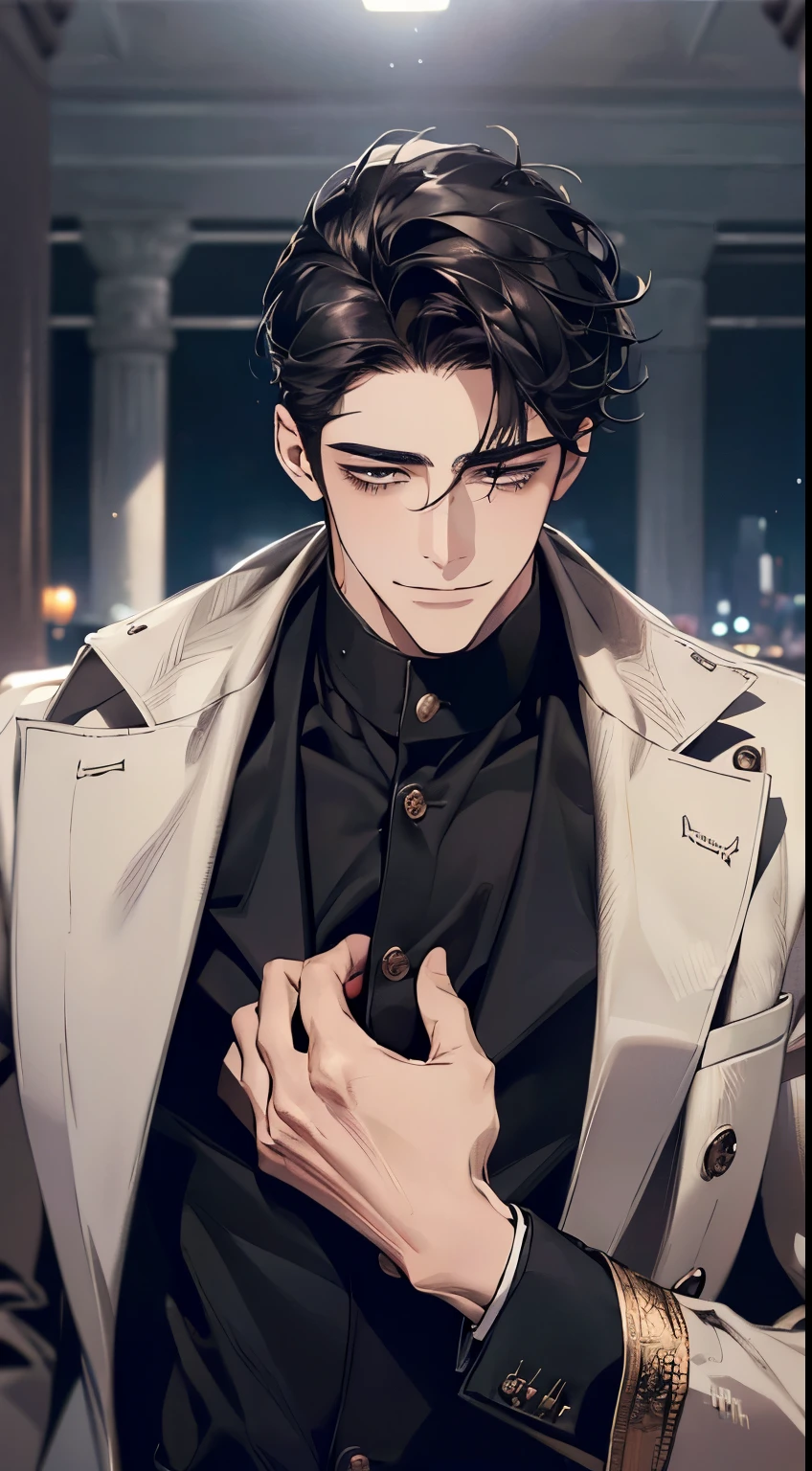(best quality, masterpiece, 8K, photorealistic, cinematic lighting, 1:4 hdr image, ultra detailed, beautiful image), a mature man, very handsome, ((cold expression smile in love)), short black hair, black eyes, face perfect without mistakes, ((buttoning his jacket, CEO))