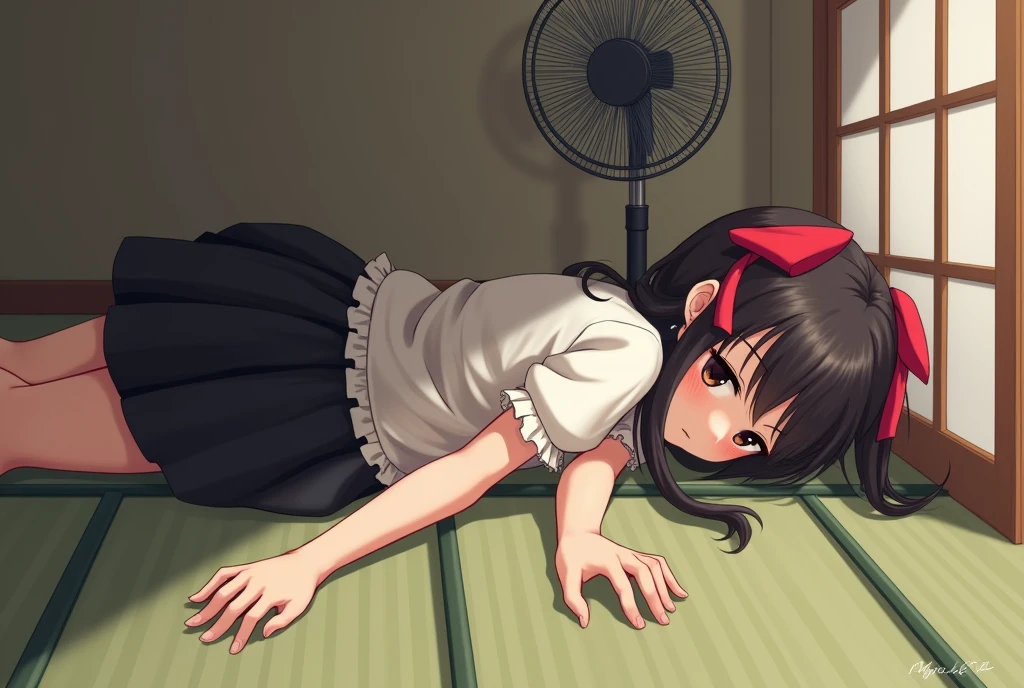 Girl with black hair and low twintails tied up with red ribbons. Dark brown eyes. Wears a white frilly blouse and a black flared skirt. She is lying on her stomach in front of a electric fan. Depressed on tatami mat with arms outstretched. Putting her face on the tatami. She puts her feet on the tatami. She looks relaxed with her eyes closed. A Japanese room. View from the side.