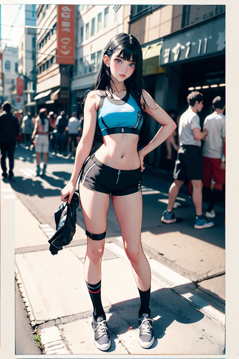 Large Breasts, Sexy 25 year old woman, Blue Twintails, Sports bra and shorts, Small shorts, boy shorts, Spandex Shorts, Short shorts, knee high shoes下, below the knee shoes下, athletic stripes (shoes下), Snakes,shoes, sneakers, Are standing, Photo pose, Frivolous, whole body, Crowded street, Good quality, 4K, masterpiece, pin up,((Adult female body))