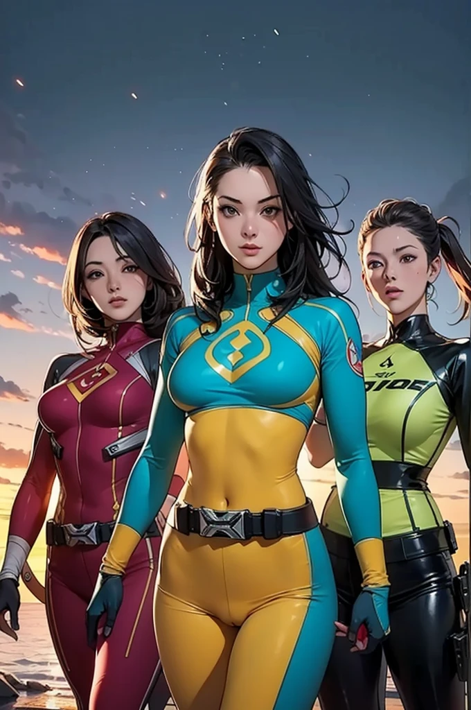 the image of the 6 Ranger team is fearless and heroic, each room is decorated with vibrant colors,For example:: Neon Pink, Sunset Orange, Fire truck red, Plasma Purple, Fluorescent Green, Shocking Yellow. dynamic poses and a background full of energy and courage, embodies the essence of the战队 superhero team. Each Ranger:: costumes are sleek and modern, each color has elements that reflect its theme., Prepare for action. ((Camel toe))