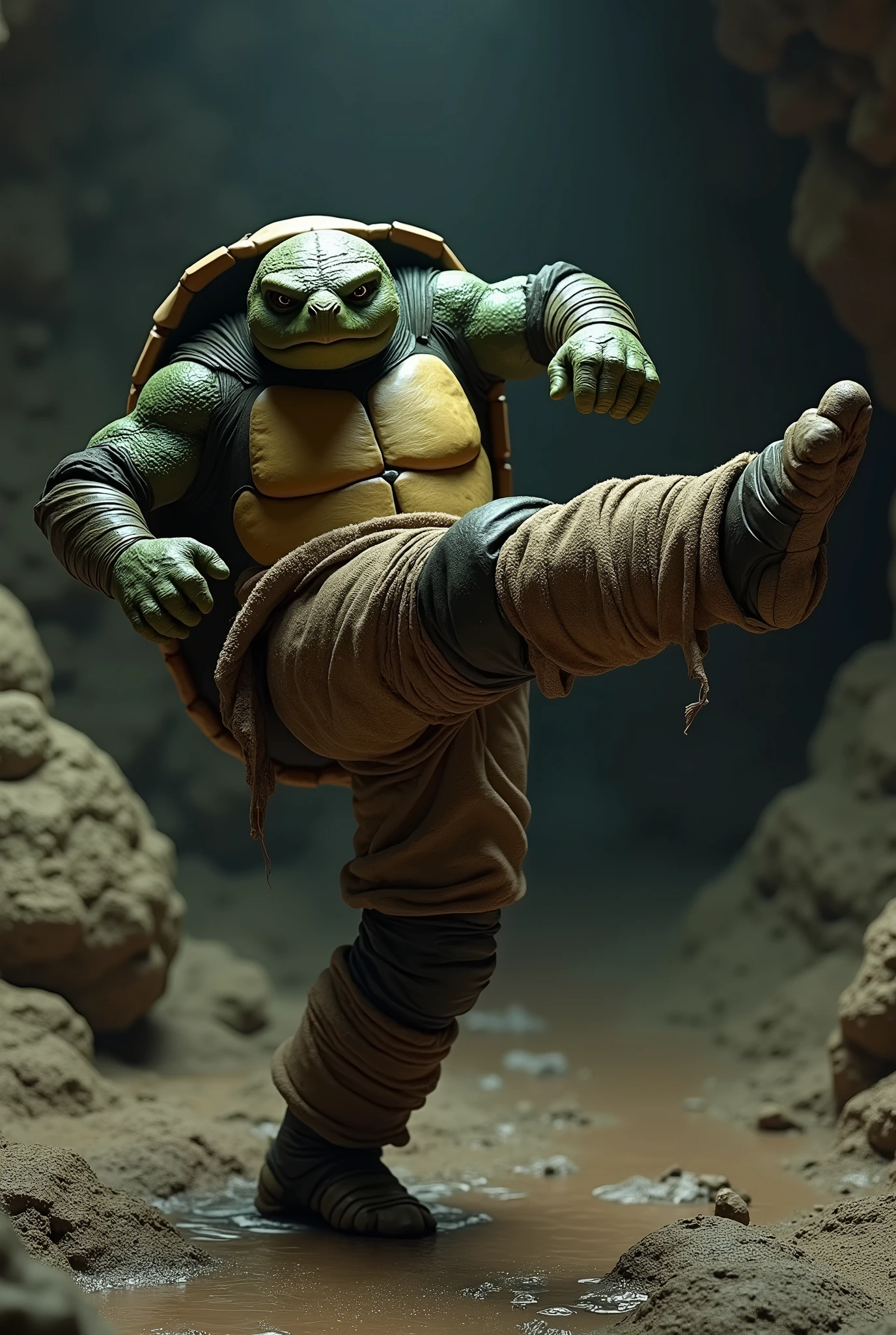 (masterpiece, photorealistic:1.4, extremely intricate:1.3), (photon mapping, radiosity, physically based rendering, ultra resolution, hyper-realistic, photorealistic:1.4, hyper-realistic, 8K), humanized tortoise, monk, his shell is green and black, his arms and legs are wrapped in brown burlap bandages, background dark damp cavern, side view, dynamic action pose karate kick