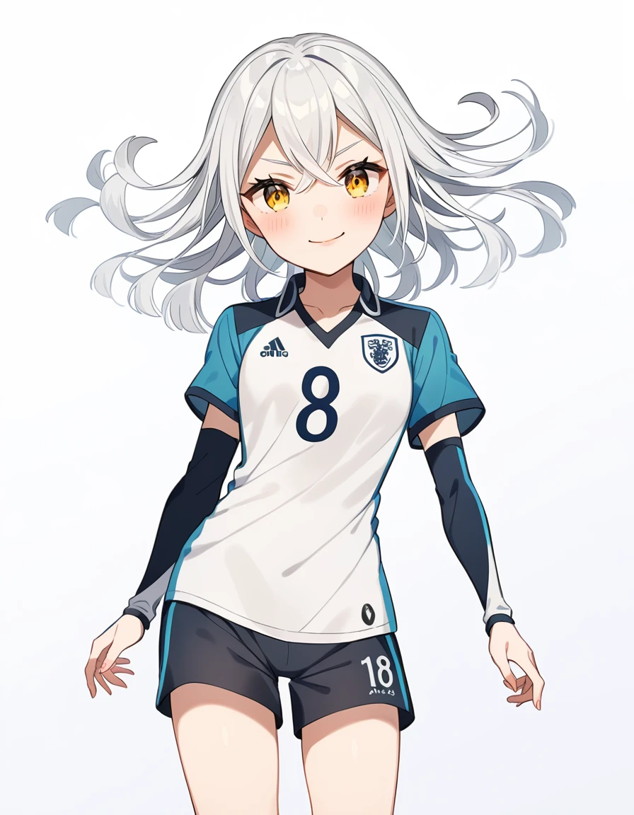 anime girl, soccer player, skin fair, white hair, gold eyes.