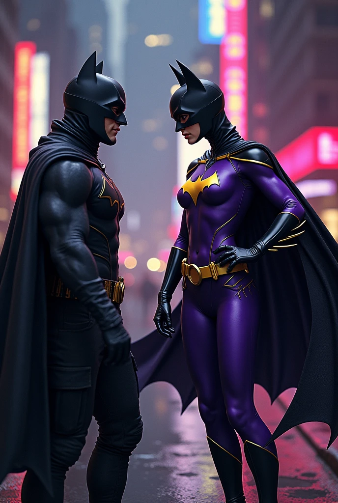 Batgirl, black mask and cape, purple and gold costume