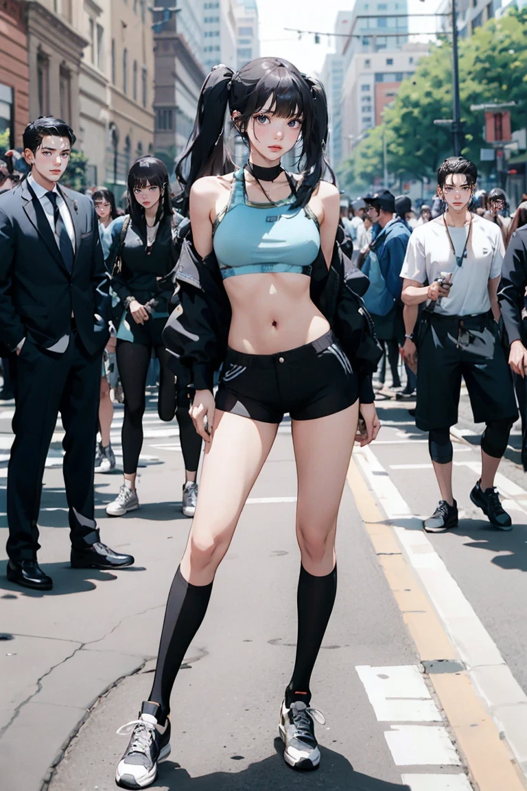 Large Breasts, Sexy 25 year old woman, Blue Long Hair, Sports bra and shorts, Small shorts, boy shorts, Spandex Shorts, Short shorts, knee high shoes下, below the knee shoes下, athletic stripes (shoes下), Snakes,shoes, sneakers, Are standing, Photo pose, Frivolous, whole body, Crowded street, Good quality, 4K, masterpiece, pin up
