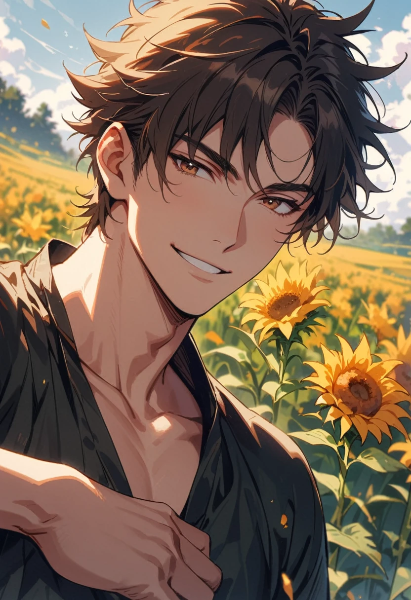 1man, bishonen, adult, handsome, male, solo, brown hair (short spiky hair), brown eyes, farmer, brown peasant clothes, waist-up, friendly smile, warm smile, muscular, (background in farm field), cinematic angle, masterpiece, best quality, high resolution, ultra-detailed, handsome, tall