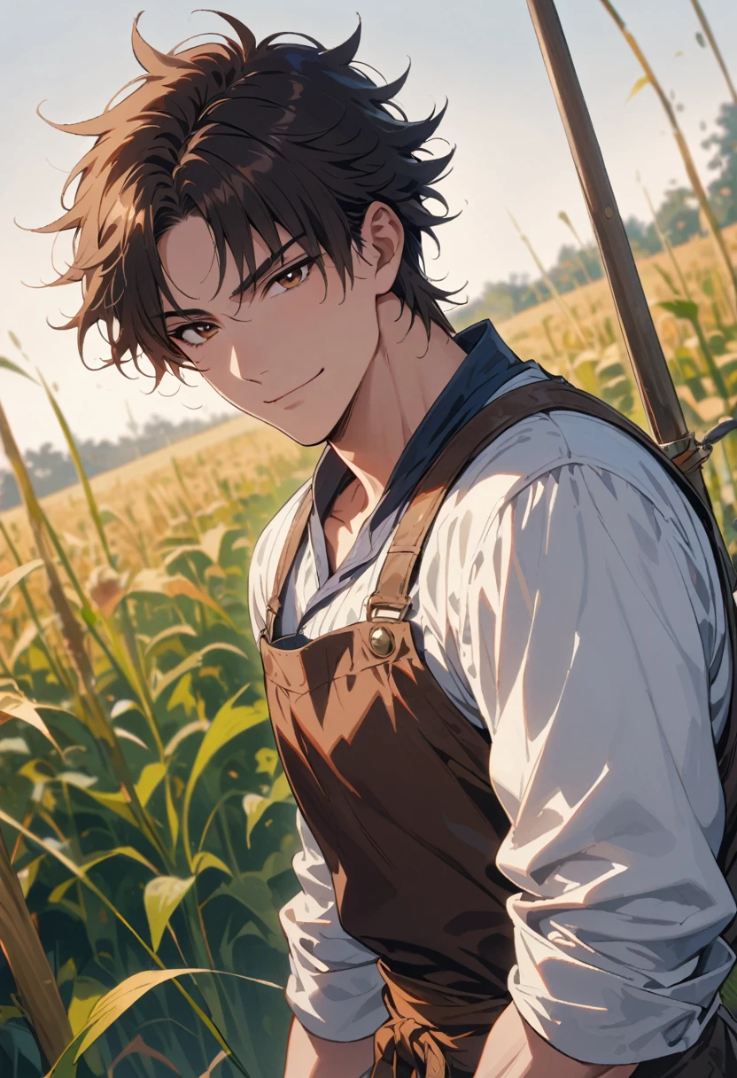 1man, bishonen, adult, handsome, male, solo, brown hair (short spiky hair), brown eyes, farmer, brown peasant clothes, waist-up, friendly smile, warm smile, muscular, (background in farm field), cinematic angle, masterpiece, best quality, high resolution, ultra-detailed, handsome, tall