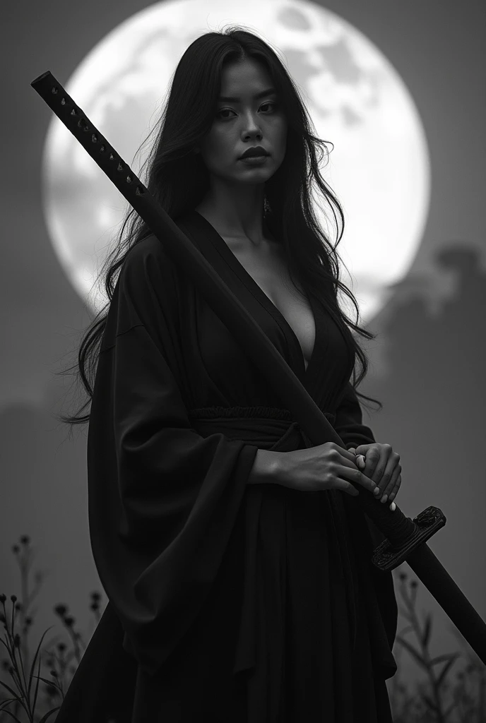 Black and White Japanese sword Beauty Gal Moonlit Night photograph Changing clothes Big Breasts