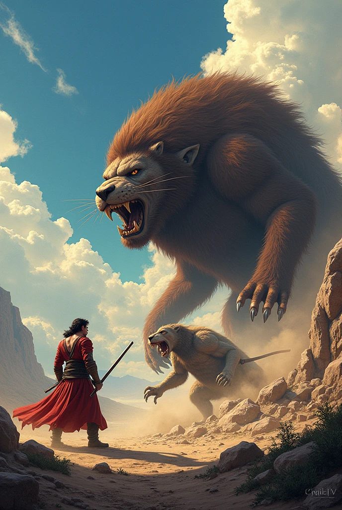 Scene 1: Baltog vs. Tandayag
Panel 1:Baltog (determined, holding a weapon):"At last, I’ve found you, Tandayag! You will no longer terrorize our land."
 Panel 2:Tandayag (roaring, charging at Baltog):
"Roar! You are no match for my power. Prepare to face your end!" 
Panel 3:Baltog (swinging his weapon):
"This land will be free from your menace!" 
Panel 4:
Baltog (victorious, standing over Tandayag):
"Our fields are safe once again. The jawbones of Tandayag will be a symbol of triumph." 