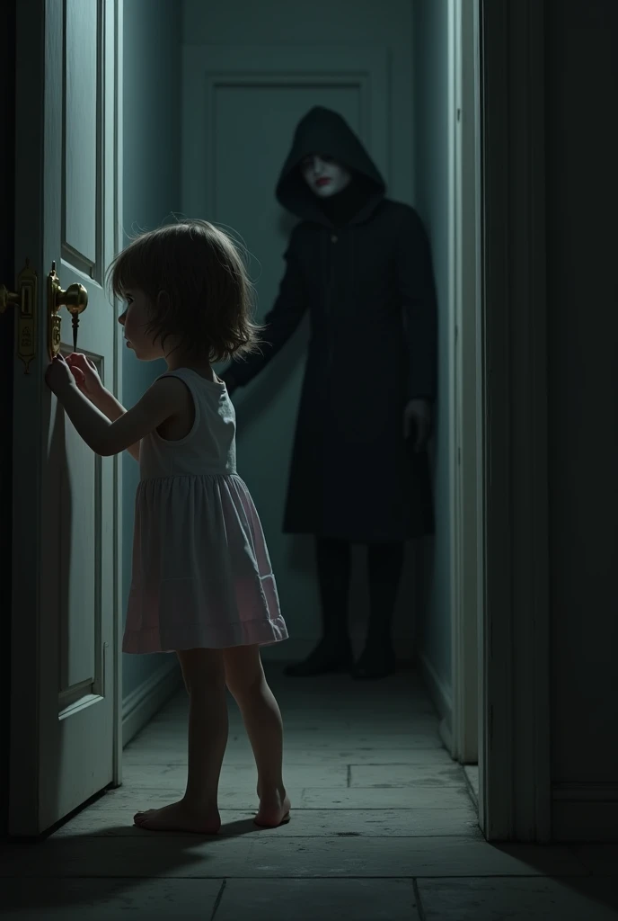 A girl turning the handle of a door in a hallway while someone behind her taps her shoulder