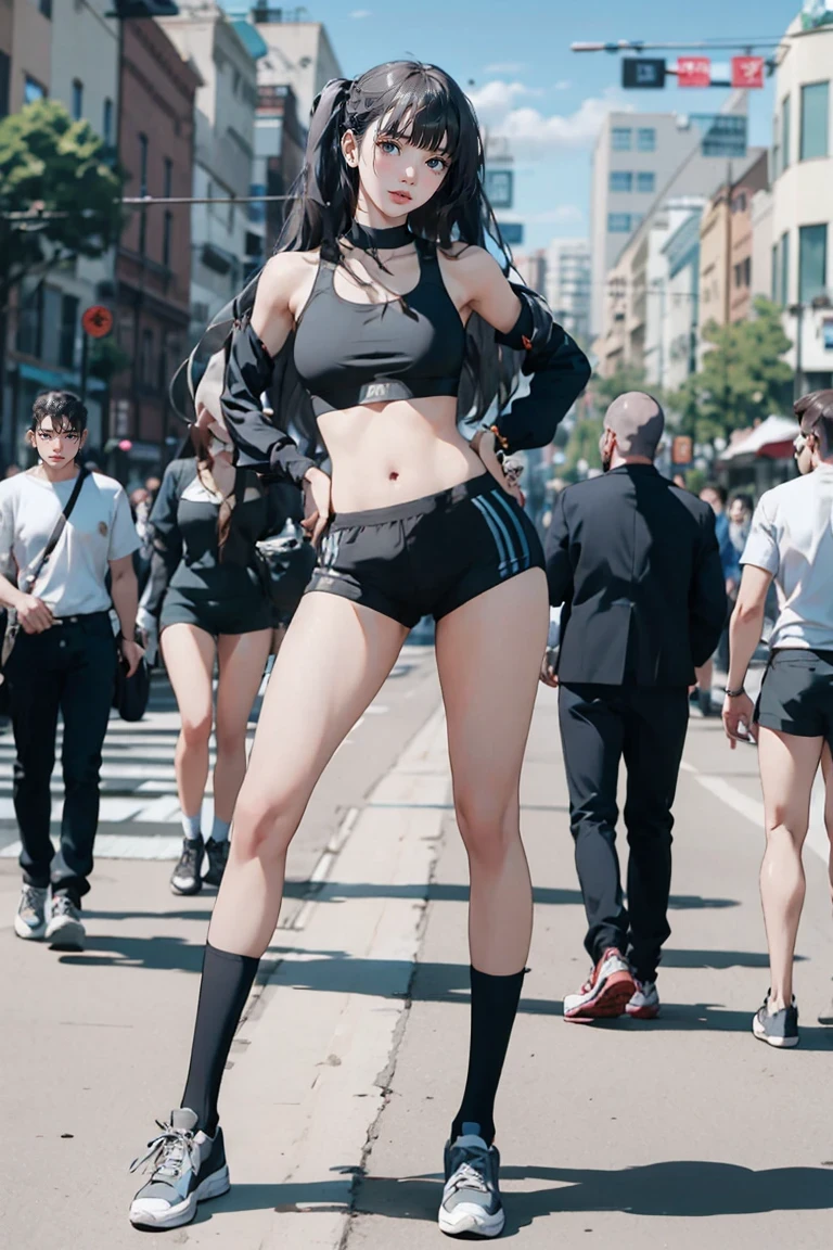Large Breasts, Sexy 25 year old woman, Blue Long Hair, Sports bra and shorts, Small shorts, boy shorts, Spandex Shorts, Short shorts, knee high shoes下, below the knee shoes下, athletic stripes (shoes下), Snakes,shoes, sneakers, Are standing, Photo pose, Frivolous, whole body, Crowded street, Good quality, 4K, masterpiece, pin up