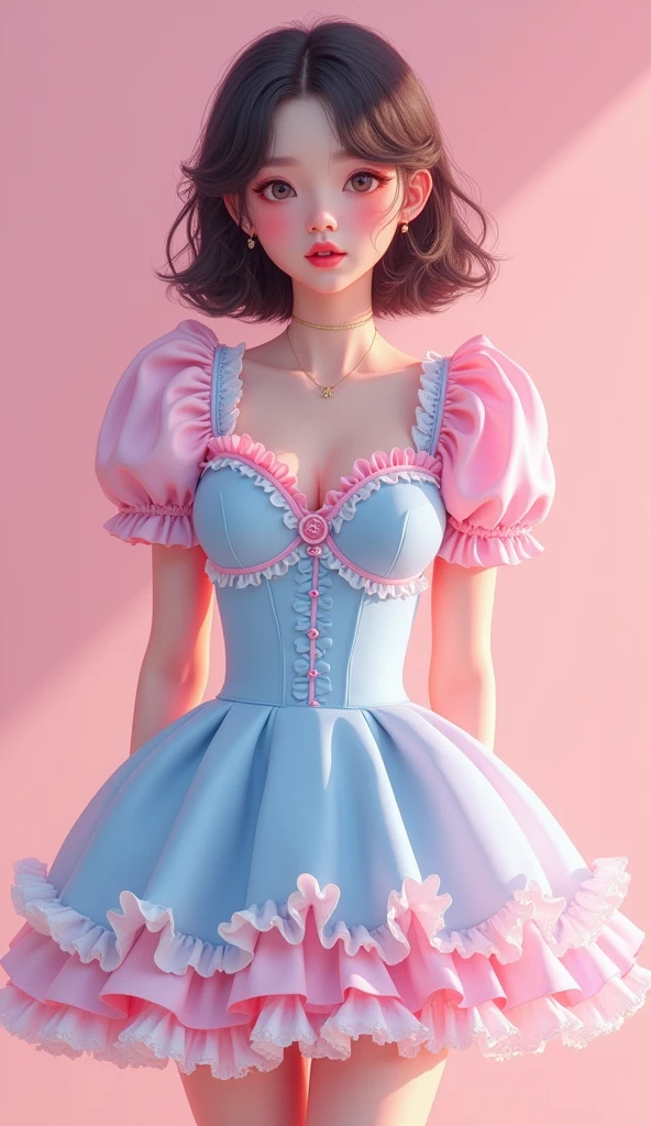 A very cute K-pop girl with distinctive pop colors wearing a light blue pink one-piece with impressive frills and a flared skirt. The gap between her small breasts and big butt is adorable.