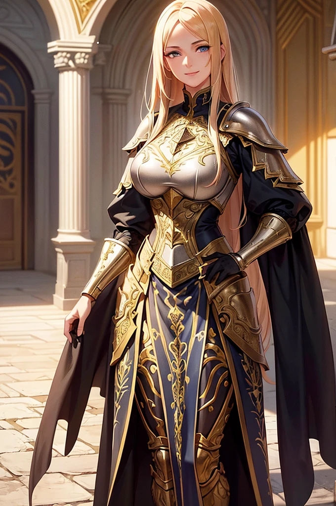 a beautiful young woman with golden hair and azure eyes standing in a castle courtyard, exquisitely detailed, highly detailed facial features, smiling ,wearing iron silver armor, intricate armor details, glowing magical energy, dramatic lighting, Renaissance castle interior, epic fantasy scene, cinematic lighting, photorealistic, 8k:1.2, highly detailed:1.2, masterpiece:1.3