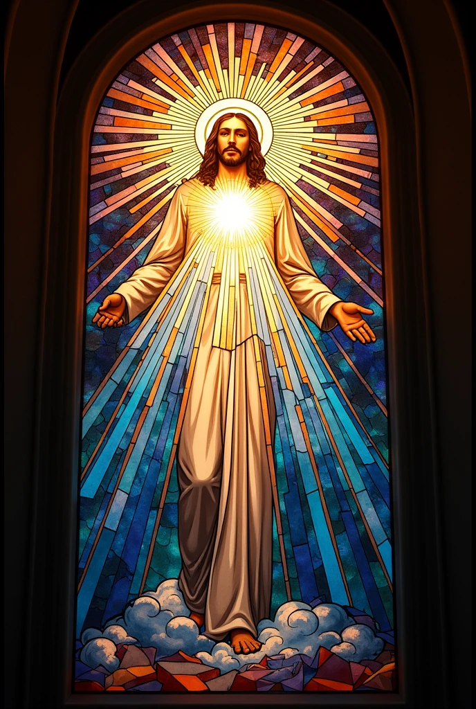 Make a stained glass window of JESUS, without the physical physiognomy of the roato