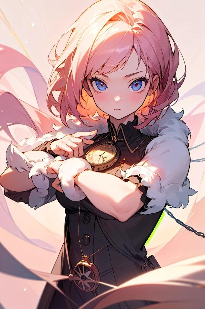 (masterpiece), (Best Quality: 1.0), (ultra high resolution: 1.0), (1 girl), (Best Quality, 4k, 8k, masterpiece: 1.2), 2.5D, fur rose, His pose is relaxed but with a dominant attitude ,blur background and bokeh with soft colors, hypnotic background, hypnotic eyes, pocket watch moving, Look at the viewer