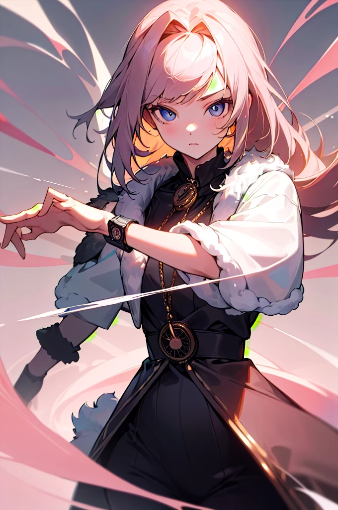 (masterpiece), (Best Quality: 1.0), (ultra high resolution: 1.0), (1 girl), (Best Quality, 4k, 8k, masterpiece: 1.2), 2.5D, fur rose, His pose is relaxed but with a dominant attitude ,blur background and bokeh with soft colors, hypnotic background, hypnotic eyes, pocket watch moving, Look at the viewer