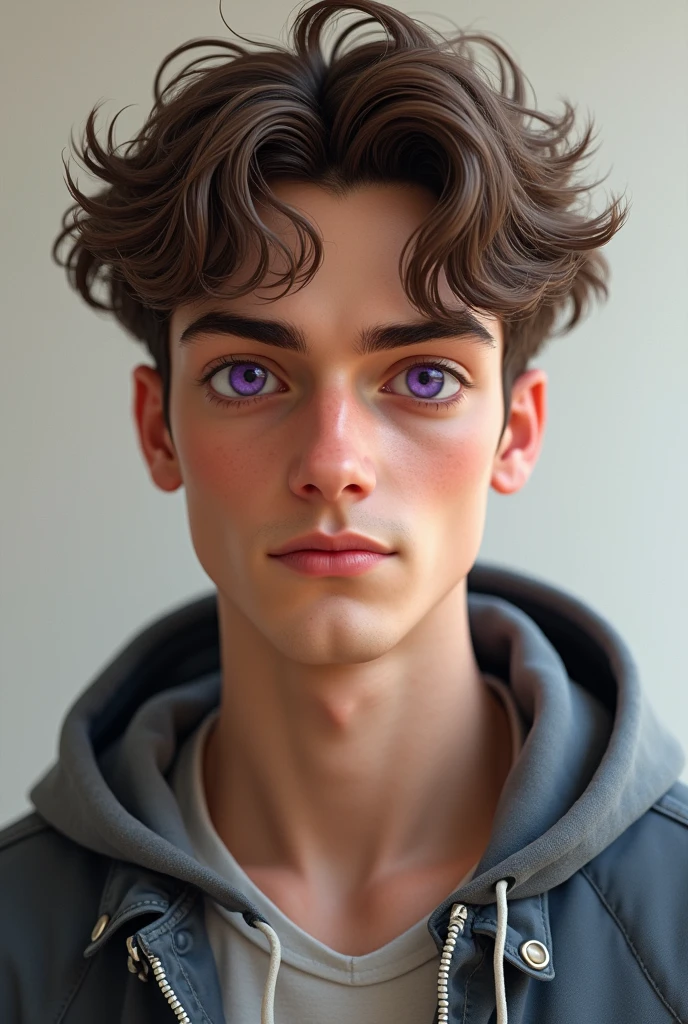 A 22 year old brown-haired boy with curly hair and purple eyes dressed in casual clothes, full picture