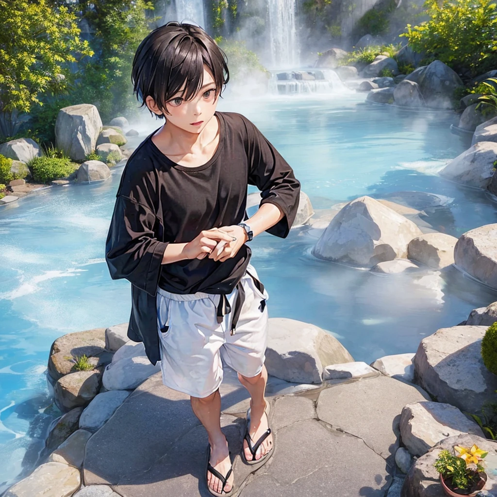 Boy entering hot spring、Waist towel