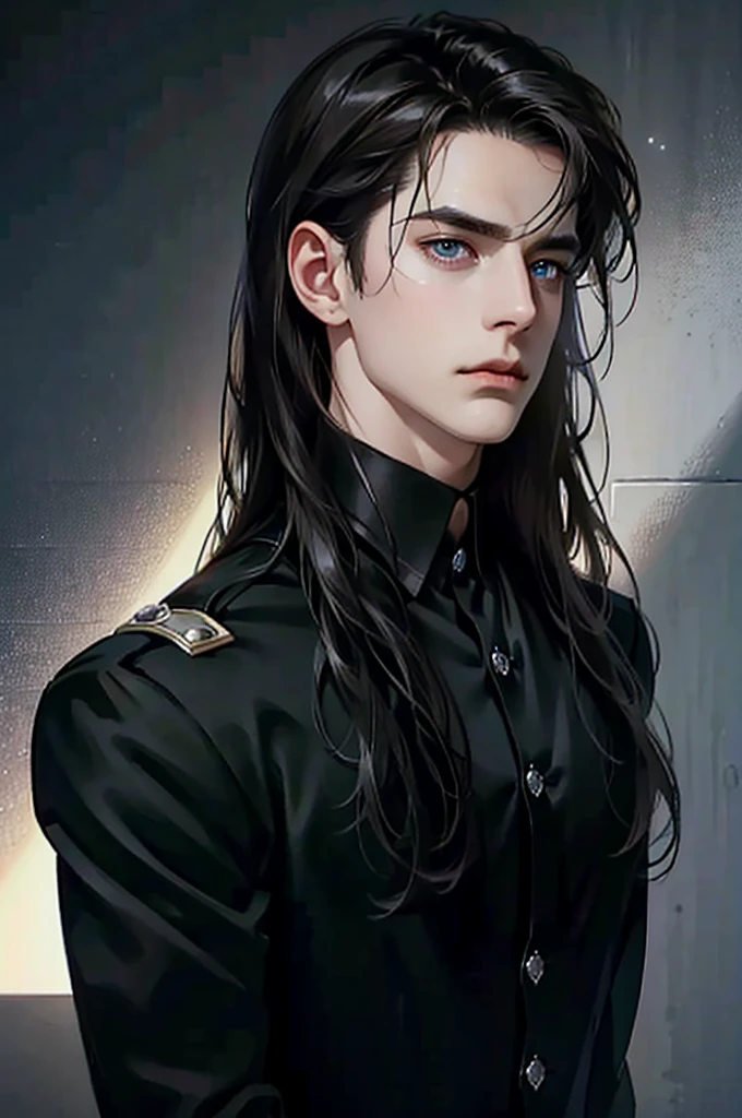 a dark-haired young man with long raven hair, piercing blue eyes, wearing a dark outfit, shirt, detailed portrait, cinematic lighting, dramatic mood, high quality, photorealistic, 8k, detailed skin texture, chiaroscuro, moody, atmospheric, dramatic lighting, intense gaze, brooding expression, elegant, intense, handsome, mysterious, ambient occlusion, depth of field, vibrant colors, hyperrealistic
