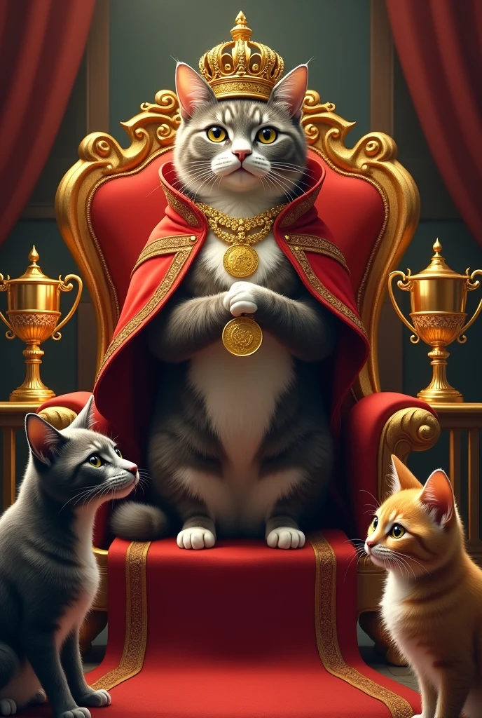 “A proud and elegant looking cat, posing with an attitude of superiority. He is surrounded by symbols of success: trophies, crowns, and medals, all adorned with golden details. The cat has a satisfied expression, with head held high and a haughty look, showing that his ego is the source of his success. Around it, Other animals look at him with admiration and respect.. The atmosphere is luxurious, with a decorated throne and a red carpet under its legs.”