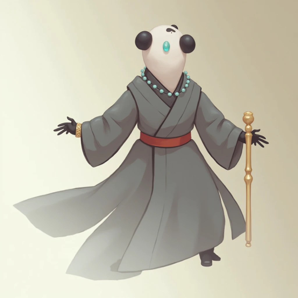 (masterpiece, top quality, best quality, official art,beautiful and aesthetic:1.2),(4k,8k, best quality,masterpiece:1.2),(((white background))), solo,Game character, the panda person, a game character inspired by pandas, wearing a black and white robe, adorned with a jade bead necklace and bracelet, viewed from multiple angles including back view and side view, holding a cane. The structure is clear and accurate, with a modern realistic representation and consistent lighting that looks natural and believable.