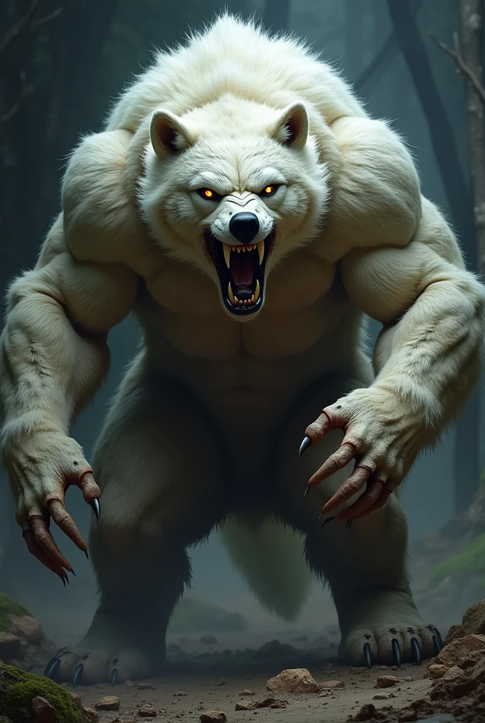 Create a fearsome, fully muscles fusion of bear and white fox hybrid with hyper-realistic, rugged skin and scales, against a dark, intense background for a truly shocking effect."