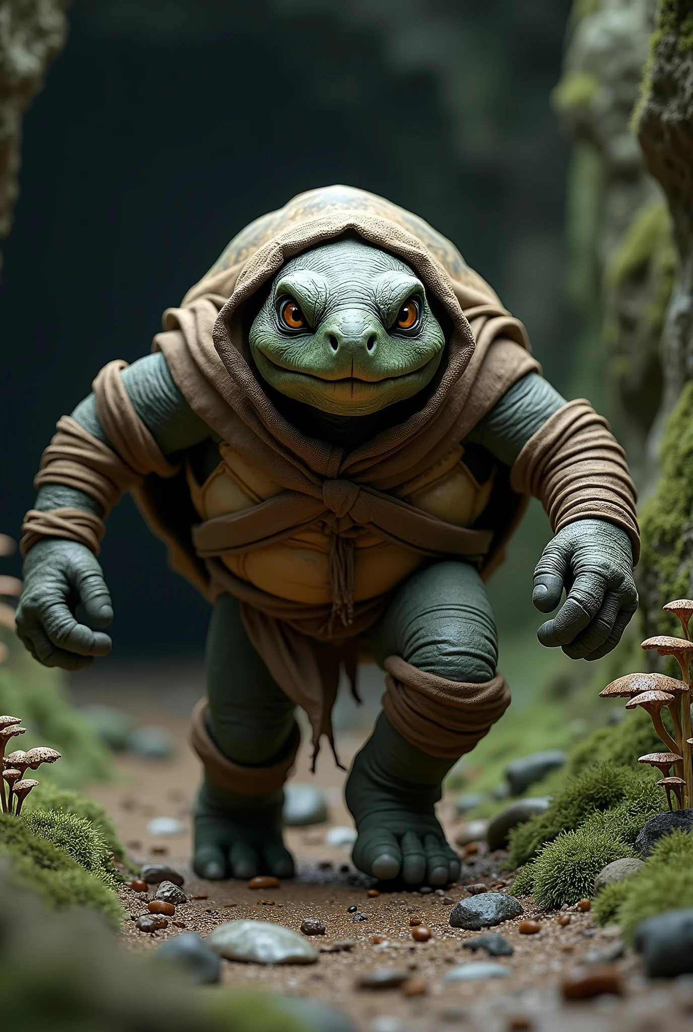 (masterpiece, photorealistic:1.4, extremely intricate:1.3), (photon mapping, radiosity, physically based rendering, ultra resolution, hyper-realistic, photorealistic:1.4, hyper-realistic, 8K), humanized tortoise, monk, his shell is green and black, his arms and legs are wrapped in brown burlap bandages, background dark damp cavern, side view, dynamic action pose running forward