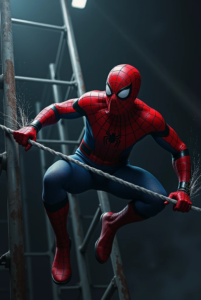 Spiderman pulling empty rack with his net with full power in dark background
