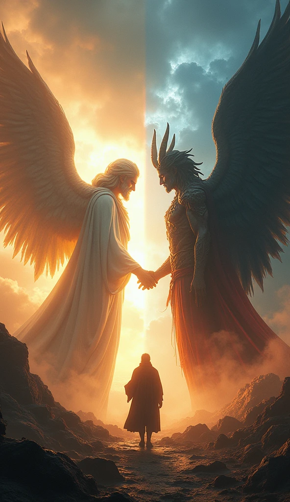 Ultrarealistic 8k Image, an image representing both God and Satan were involved in testing Job's faith.